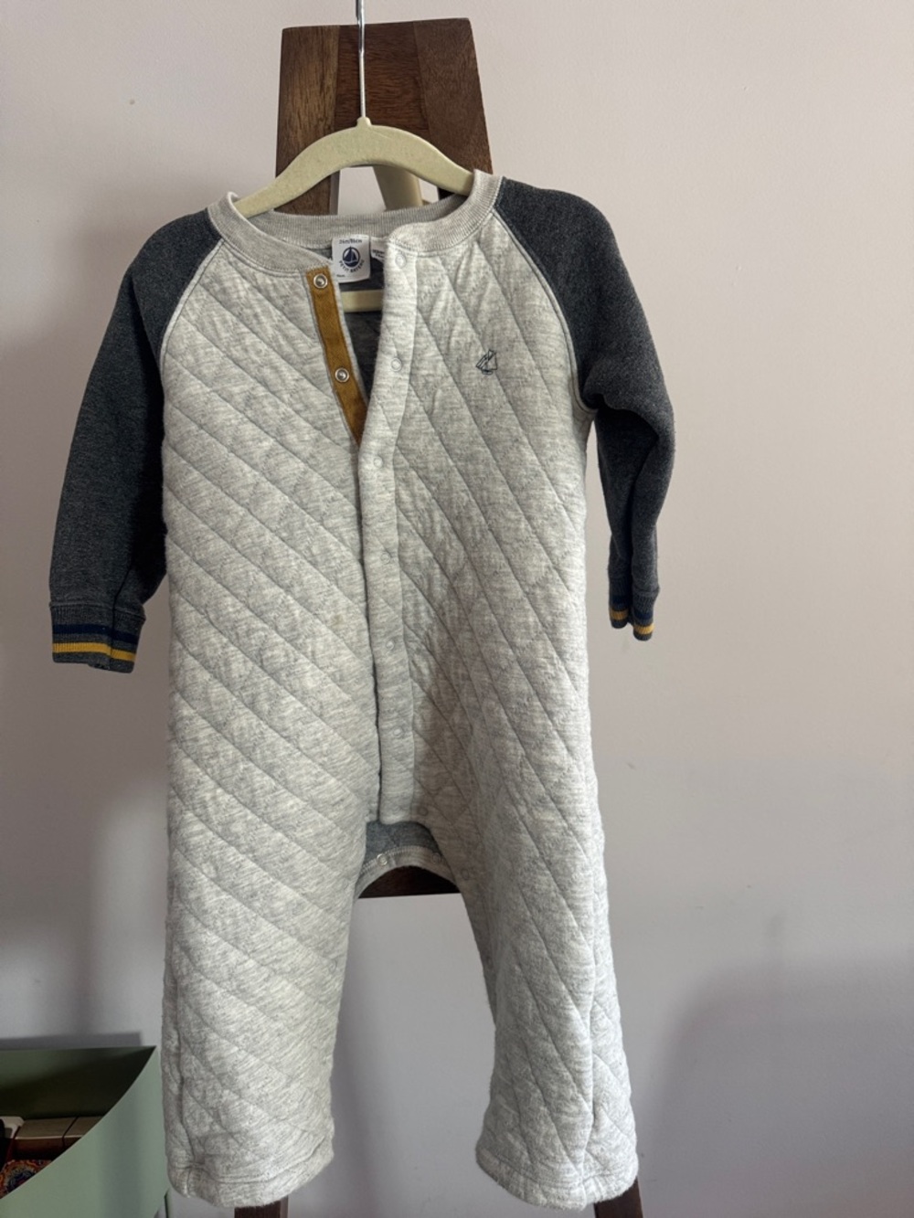 Petit Bateau- Quilted Gray & Charcoal Baby One-Piece Pajama.